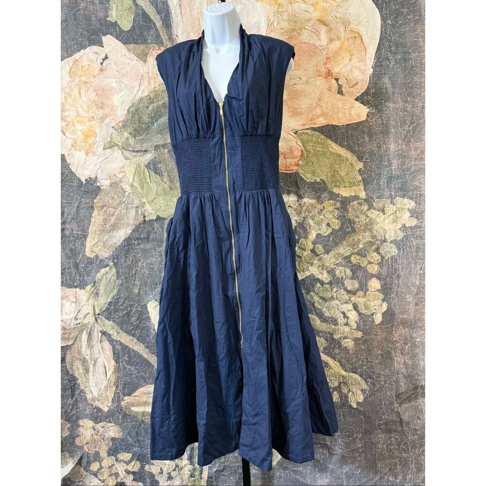 New Anthropologie The Tommie Cap-Sleeve Smocked Front-Zip Midi Shirt Dress Size - Picture 7 of 13